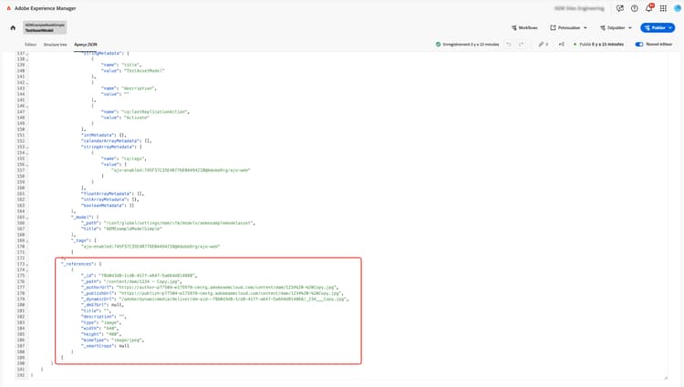 Section Références d’aperçu JSON de fragment de contenu AEM affichant l’URL de ressource publiée.