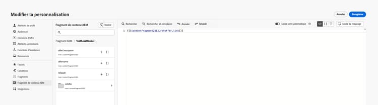 Expression de personnalisation Journey Optimizer faisant référence au champ de texte du fragment de contenu comme source de l’image.
