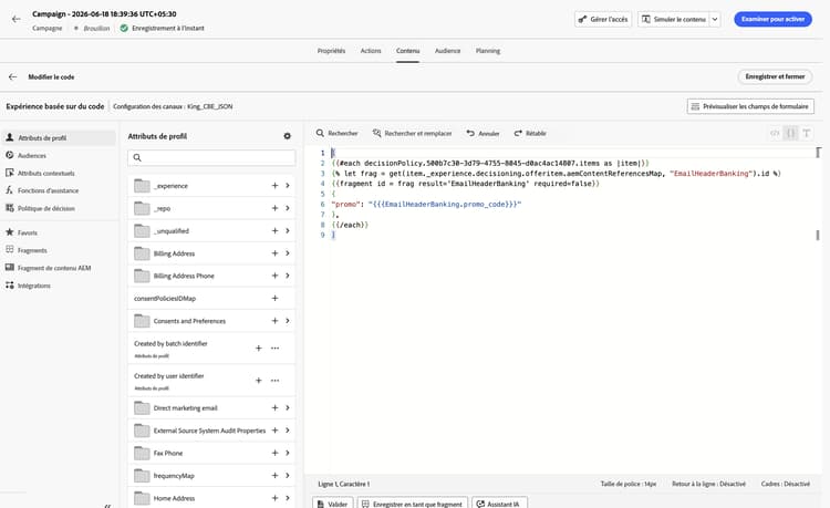 Éditeur d’expérience basé sur du code affichant les attributs de fragment de contenu AEM rendus à partir d’une politique de décision dans JSON.