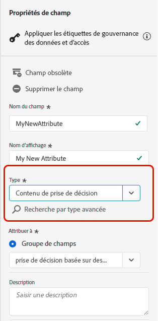 Propriétés du nouveau champ d’attribut du schéma de catalogue