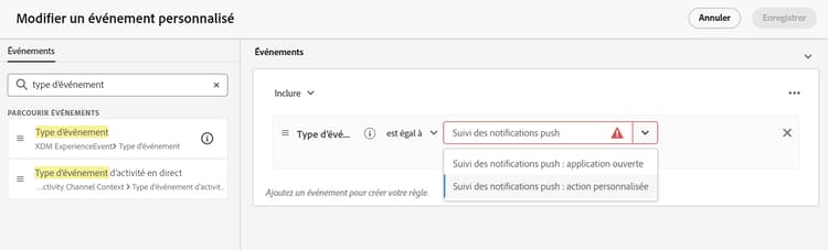 Configuration de la limitation push affichant l’option d’événement personnalisé avec la sélection du type d’événement de suivi push