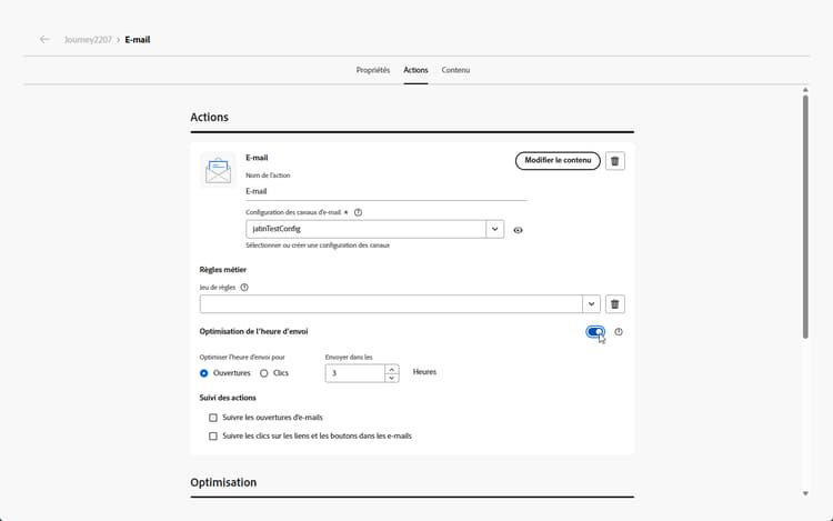 Bouton bascule Optimisation de l’heure d’envoi dans la configuration du canal E-mail