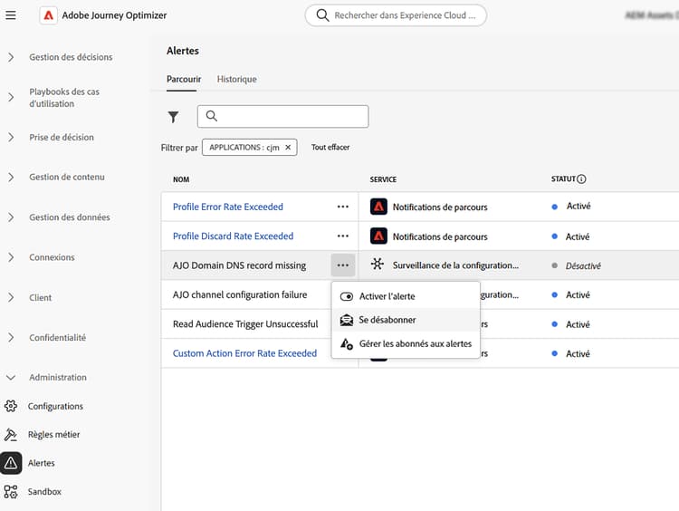 Abonnement à une alerte