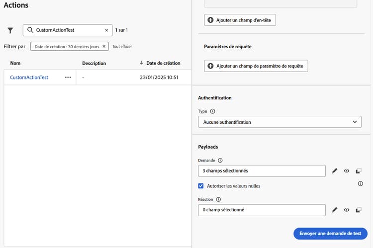 Bouton Envoyer une demande de test du panneau Configuration de l’action