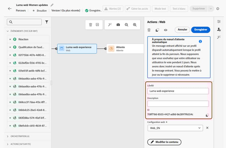 ID d’action dans l’affichage du code du panneau de configuration de l’activité
