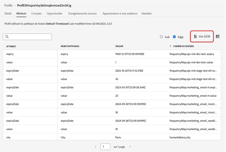Vue Attributs de profil au format JSON affichant le statut d’appartenance à l’audience