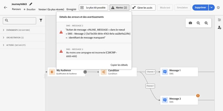 Indicateurs d’erreur et d’avertissement dans le parcours avec info-bulles de description
