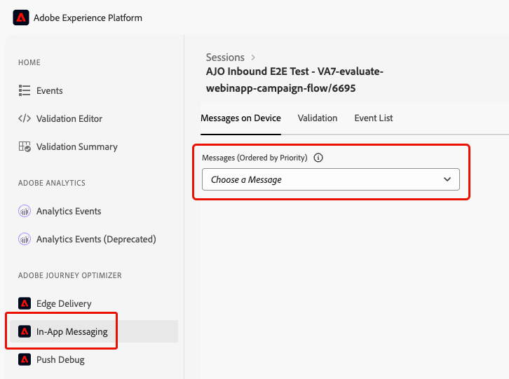 Vue Adobe Assurance affichant les événements et les données de diffusion de messages in-app