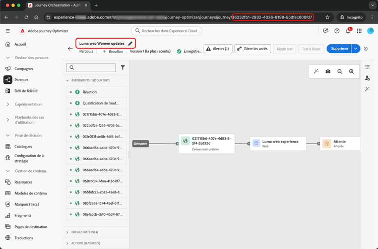 Emplacement de l’ID de parcours dans l’URL du parcours ou le panneau des propriétés
