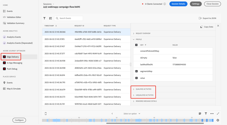 Logs de diffusion Edge affichant les propositions de message envoyées au profil