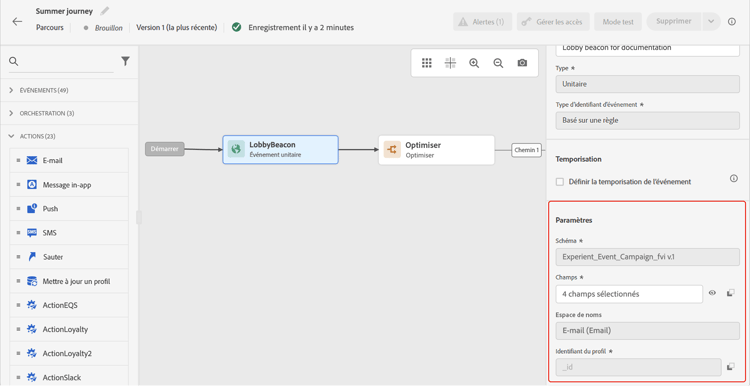 Champs de paramètres avancés dans les propriétés de l’activité de parcours