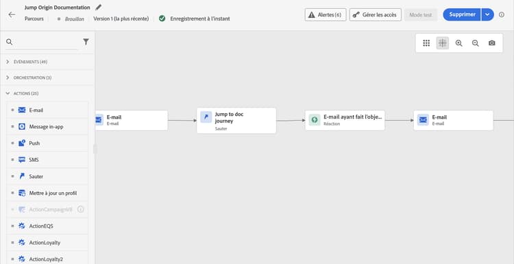 Interface du mode Test pour tester l’activité Saut entre les parcours