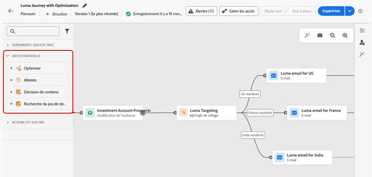 Palette des activités d’orchestration dans le concepteur de parcours