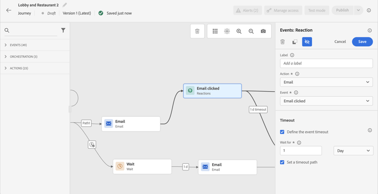 Configuration d’un événement de réaction avec options de sélection de canal et de type d’événement
