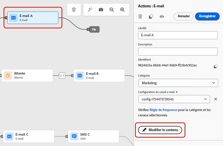 Bouton Modifier le contenu dans l’activité d’action de canal