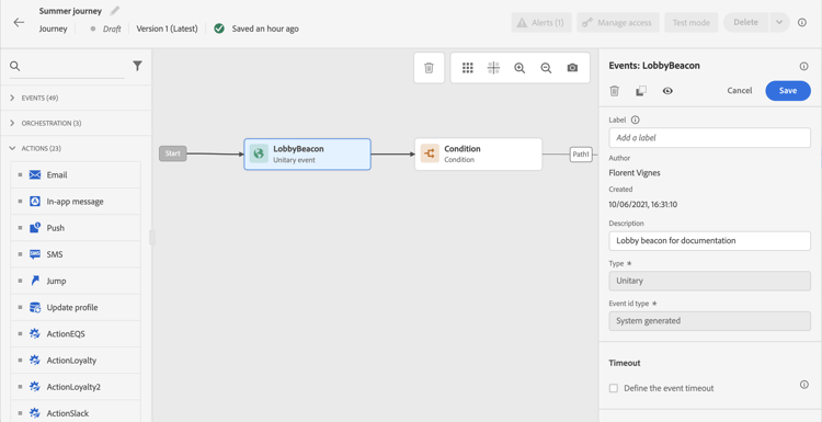 Panneau de configuration des événements généraux avec sélection et paramètres d’événement