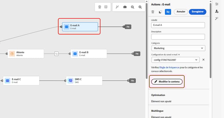 Bouton Modifier le contenu dans l’activité d’action de canal
