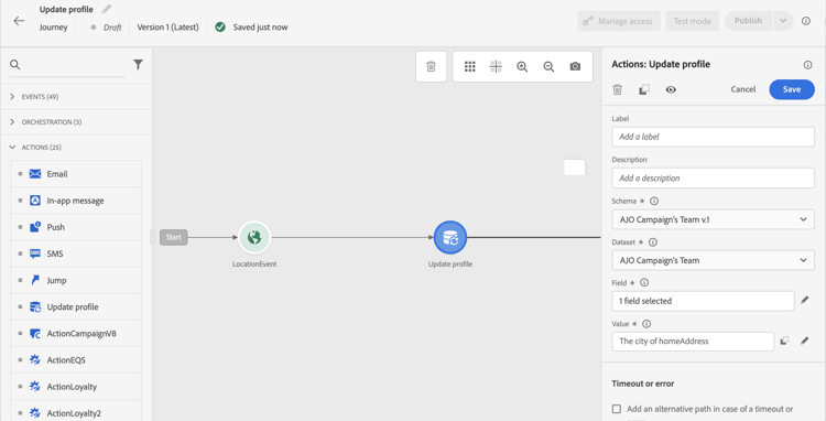 Activité de mise à jour du profil dans le parcours avec la configuration des champs