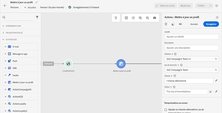 Activité de mise à jour du profil dans le parcours avec la configuration des champs