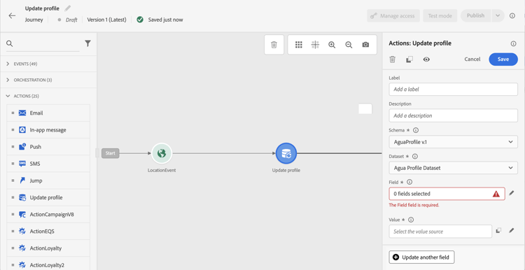 Activité Mettre à jour le profil dans la palette du parcours sous Actions