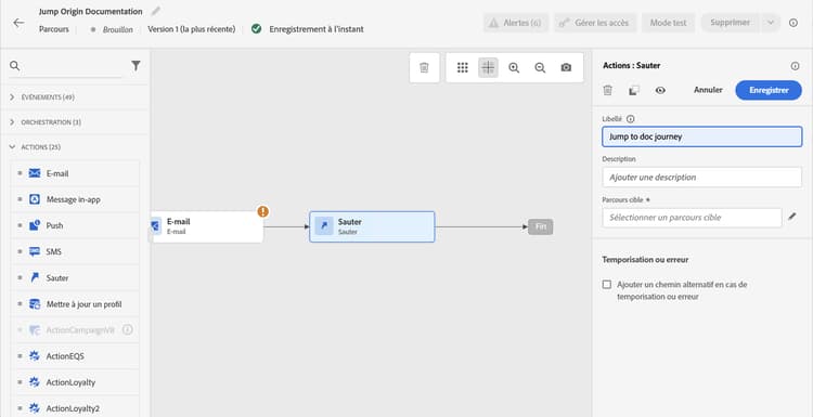 Liste déroulante de sélection du parcours cible dans la configuration de l’activité Saut
