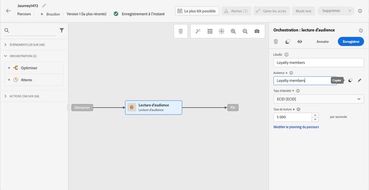 Bouton Copier pour copier le nom et l’ID de l’audience au format JSON