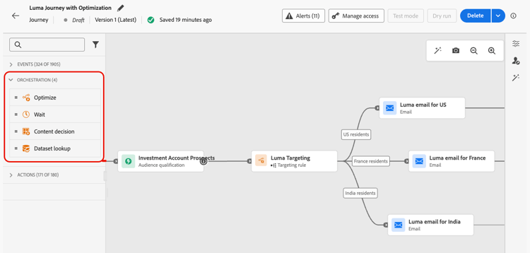 Palette des activités d’orchestration dans le concepteur de parcours