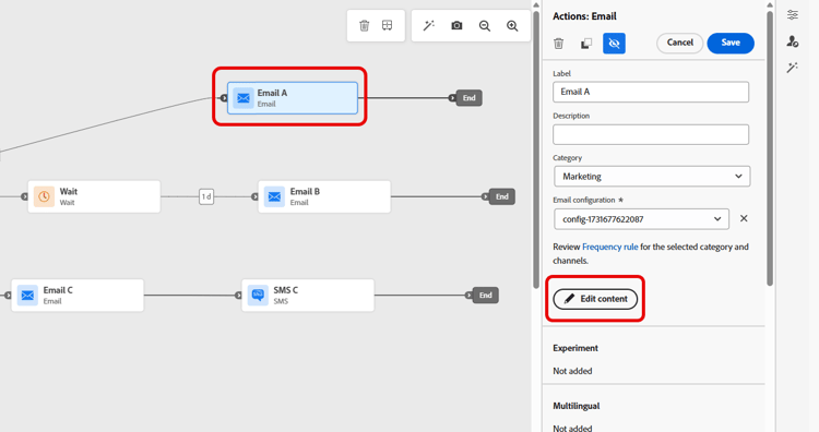 Bouton Modifier le contenu dans l’activité d’action de canal