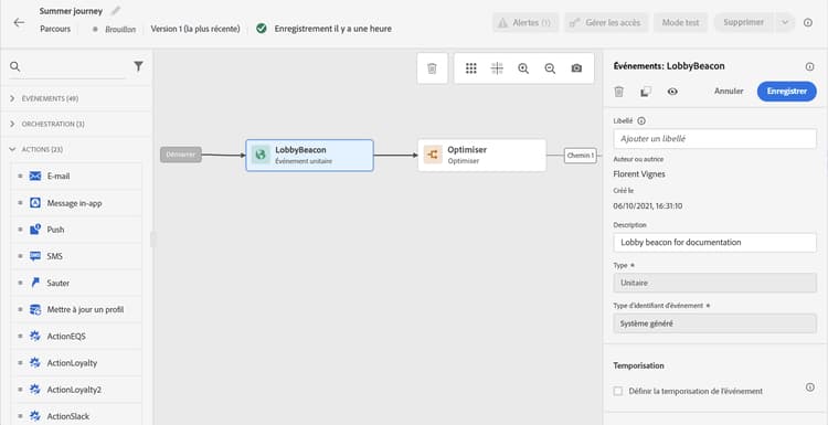 Panneau de configuration des événements généraux avec sélection et paramètres d’événement