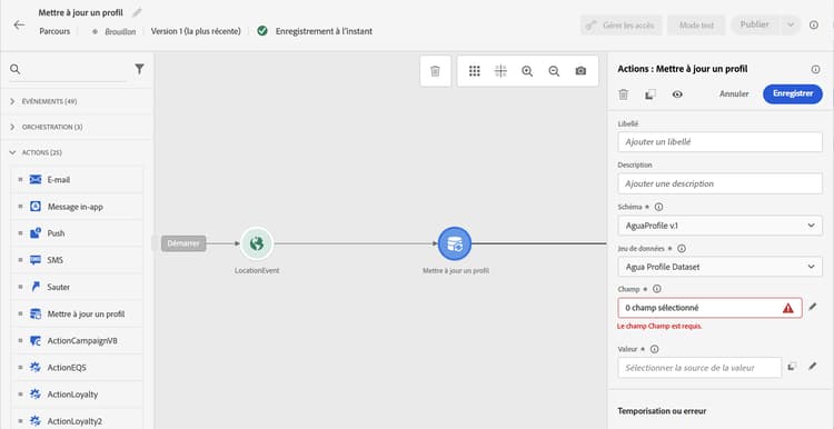 Activité Mettre à jour le profil dans la palette du parcours sous Actions
