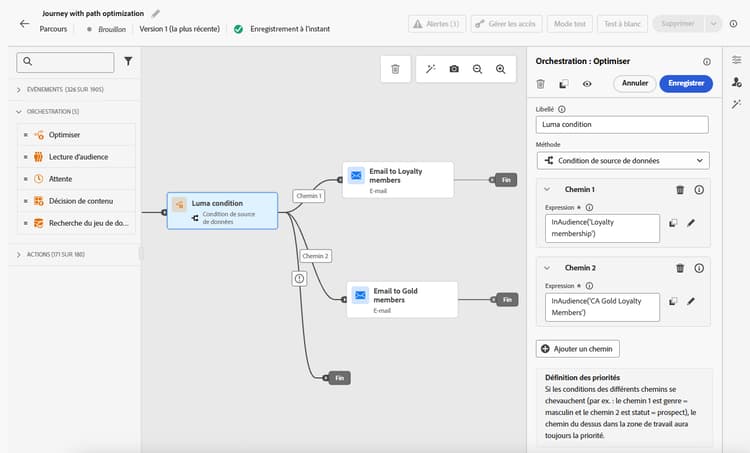 Activité de condition dans le parcours créant plusieurs chemins en fonction de critères