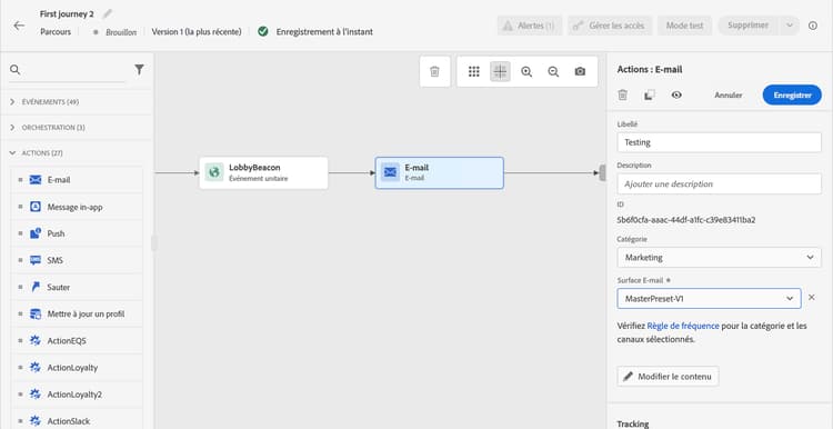 Liste déroulante Ajouter une activité d’action affichant les options de canal disponibles