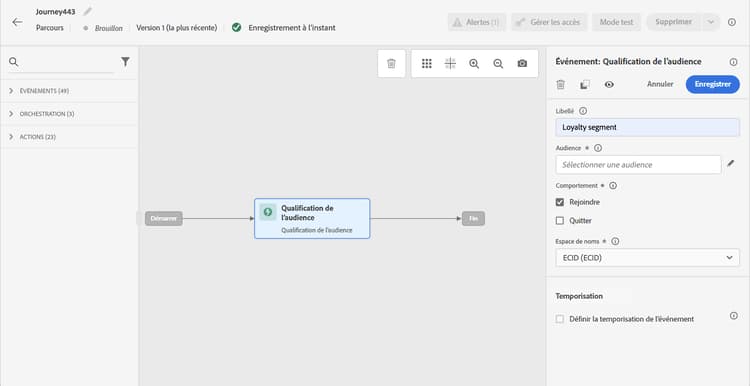 Événement de qualification d’audience dans la palette de parcours