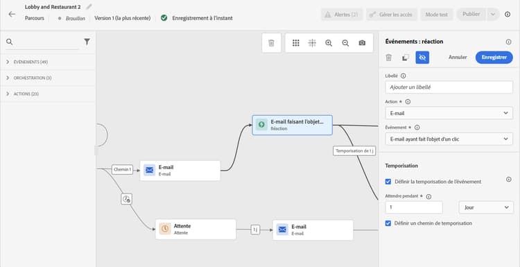 Configuration d’un événement de réaction avec options de sélection de canal et de type d’événement