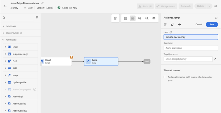Liste déroulante de sélection du parcours cible dans la configuration de l’activité Saut