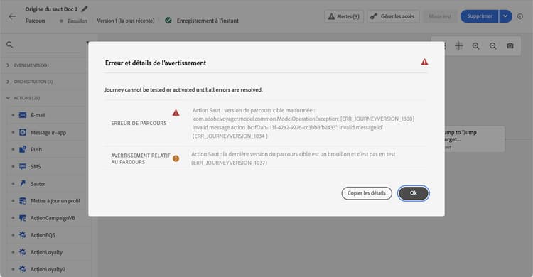 Journey Analytics affichant les mesures d’exécution de l’activité Saut