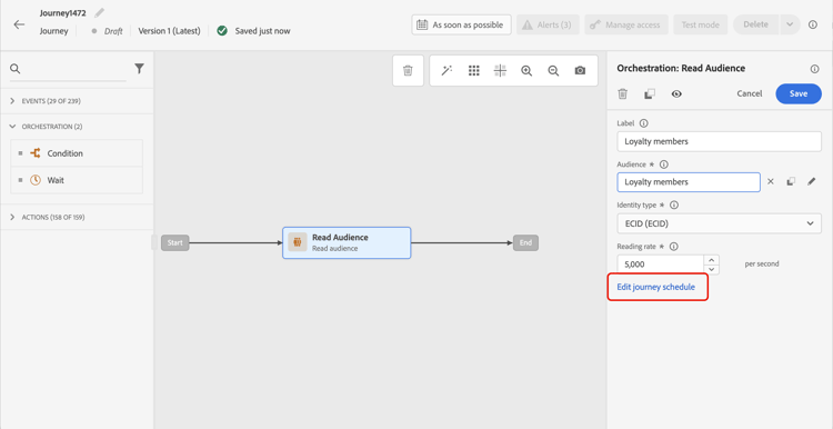 Bouton Modifier le planning du parcours dans les propriétés de l’activité Lecture d’audience