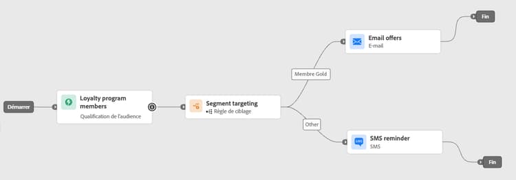 Canaux spécifiques aux segments ciblant les membres Gold avec e-mail et d’autres avec SMS