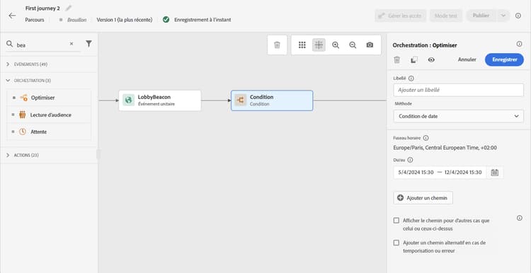 Configuration de la condition de date avec les champs de date de début et de fin