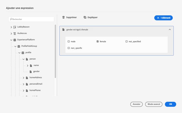Condition de source de données avec éditeur d’expression avancé