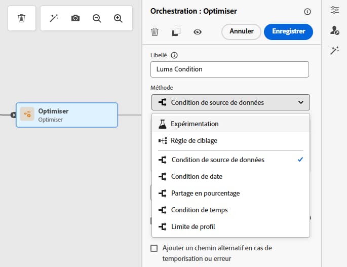 Activité Optimiser avec la méthode Condition sélectionnée