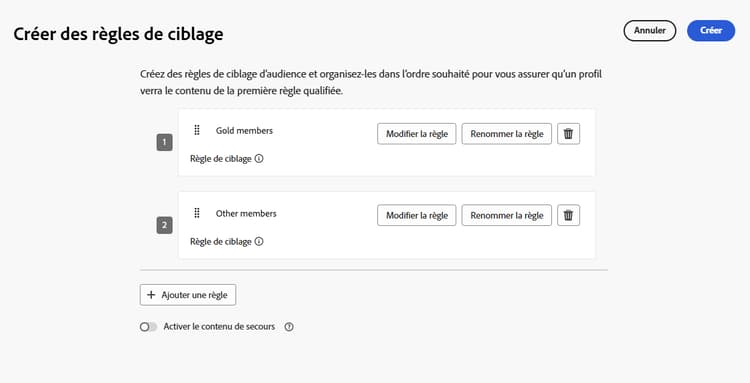 Règle de ciblage du statut de fidélité pour les membres Gold et non Gold