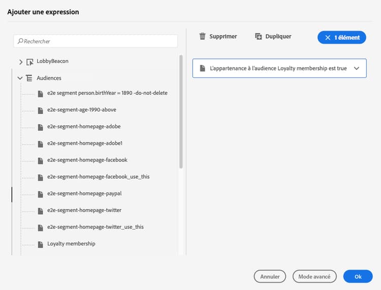 nœud Audiences de l’éditeur d’expression pour sélectionner Adobe Experience Platform audiences