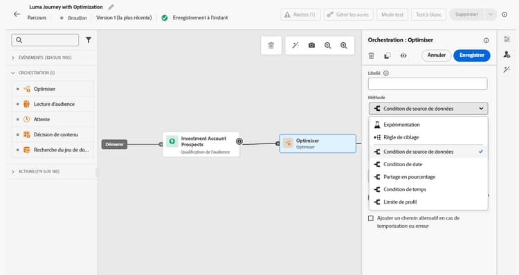 Bouton Optimiser dans la palette d’activités du parcours