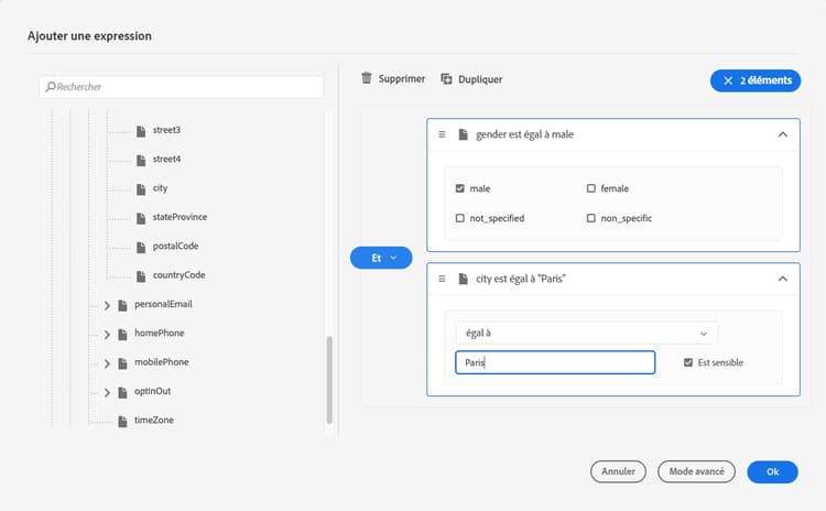 Éditeur d’expression simple avec des champs de type glisser-déposer et des opérateurs logiques