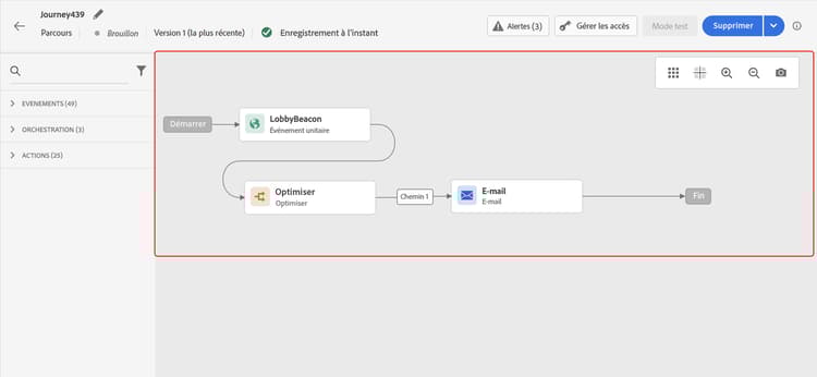 Zone de travail de parcours avec le volet de configuration de l’activité ouvert à droite