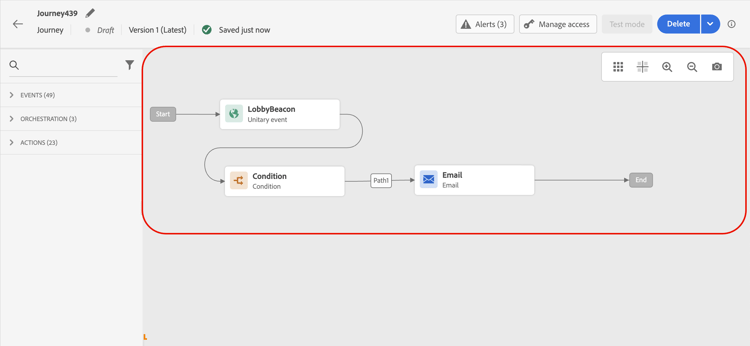 Zone de travail de parcours avec le volet de configuration de l’activité ouvert à droite