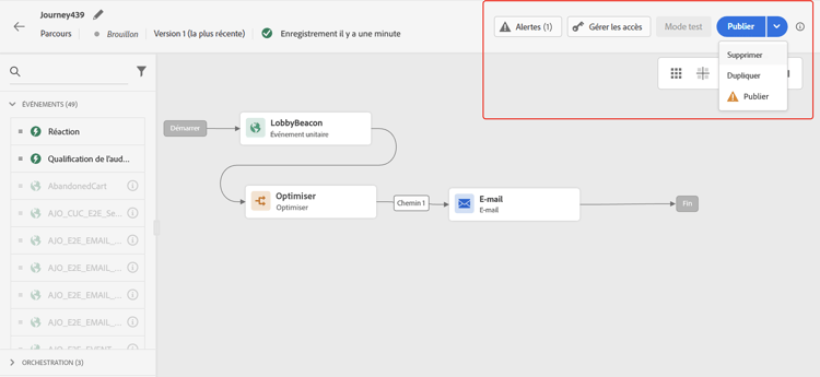 Boutons d’action de parcours : Publier, Dupliquer, Supprimer, Mode Test, Gérer l’accès, Alertes