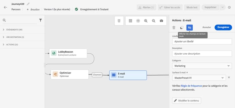 Volet de configuration de l’activité avec l’option Afficher les champs en lecture seule
