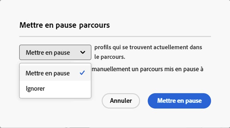 Options de mise en pause de parcours